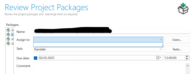 Trados Studio Review Project Packages window with Assign to field highlighted but no user selected.