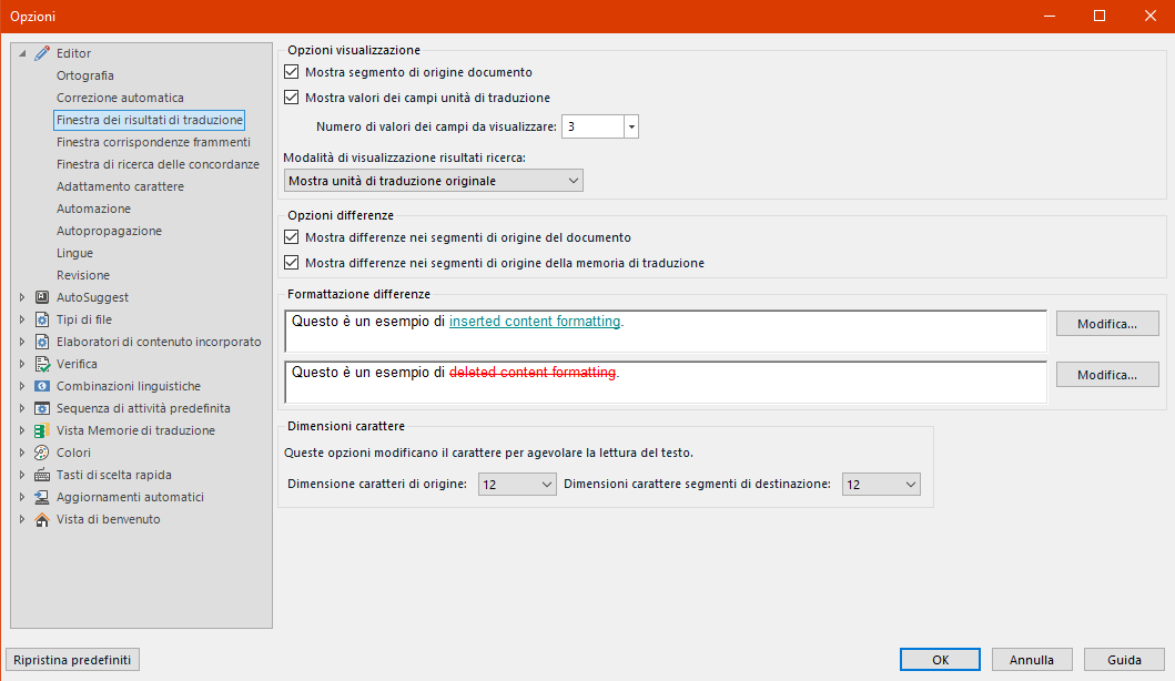 Trados Studio options menu with Editor settings displayed, showing visualization options and difference options with examples of inserted and deleted content formatting.