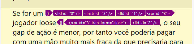 Screenshot of Trados Studio showing Portuguese text with inline tags for formatting. The word 'loose' is highlighted, indicating a formatting issue.