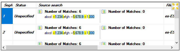 Screenshot of Trados Studio's SDLXLIFF Toolkit showing the Replace tab with a preview of text segments and the number of matches found for the source search regex.