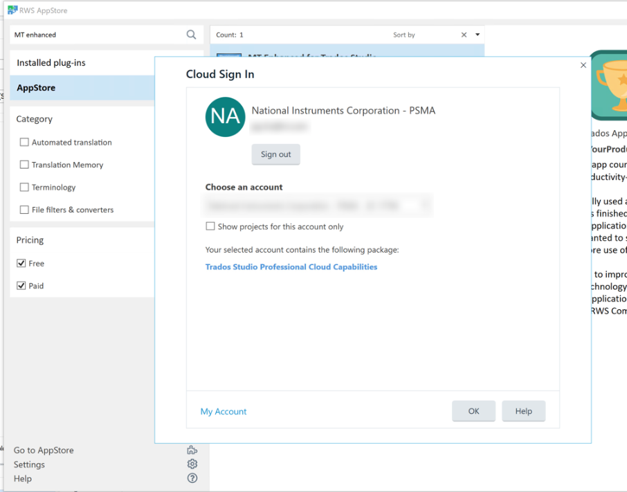 Trados Studio AppStore Cloud Sign In window overlaying the Installed plug-ins page. User is signed in with National Instruments Corporation - PSMA account.
