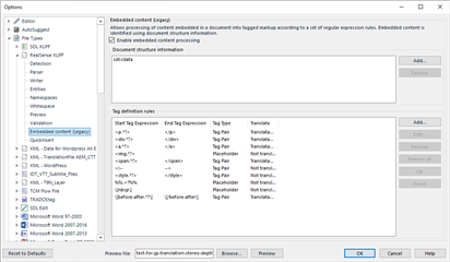 Trados Studio Legacy Embedded content XML parser options window showing tag definition rules with expressions for tags such as 'a', 'img', and 'span'.