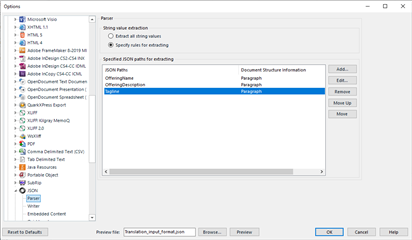 Trados Studio Parser options window showing 'Extract all string values' selected and 'Specify rules for extracting' option with no visible rules listed.
