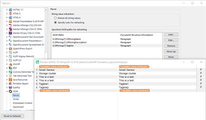Screenshot of Trados Studio software showing the Options menu with a focus on XML parsing settings and a preview of XML structure with highlighted text.