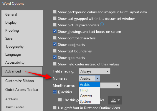 Screenshot showing the numeral options in Word