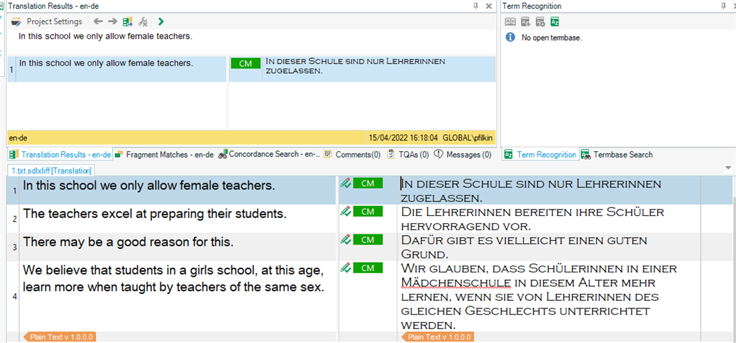 Screenshot of Trados Studio Translation Results window showing French translation results in all caps.