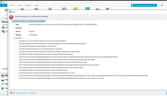 Detailed error message in Trados Studio with exception information and a stack trace indicating a file system error.