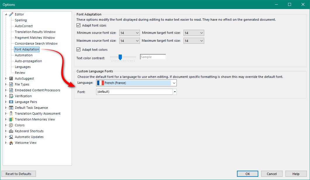 Screenshot of Trados Studio Options menu highlighting Font Adaptation settings for French language with default font selected.