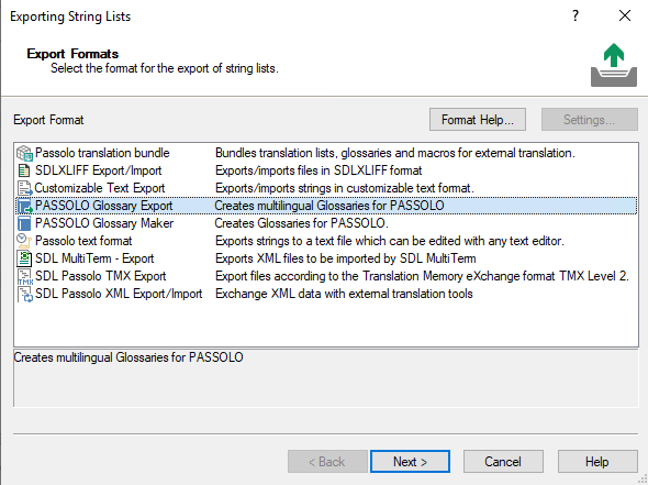 Trados Studio Exporting String Lists window with various export formats listed, such as Passolo translation bundle, SDLXLIFF ExportImport, and PASSOLO Glossary Maker. No option for exporting history is visible.