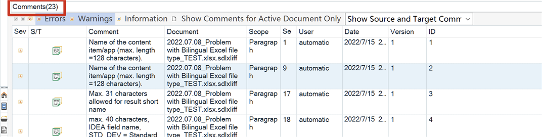Trados Studio 2022 interface showing a comments section with a total of 23 comments. The comments are related to problems with Bilingual Excel file types and character length issues.
