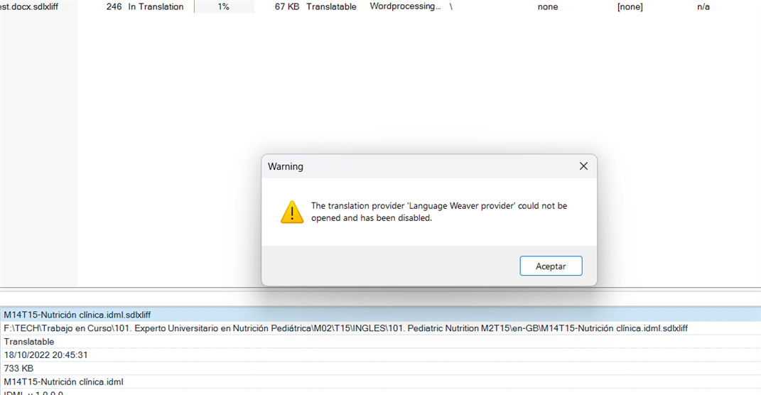 Warning message in Trados Studio stating 'The translation provider 'Language Weaver provider' could not be opened and has been disabled.' with an Accept button.