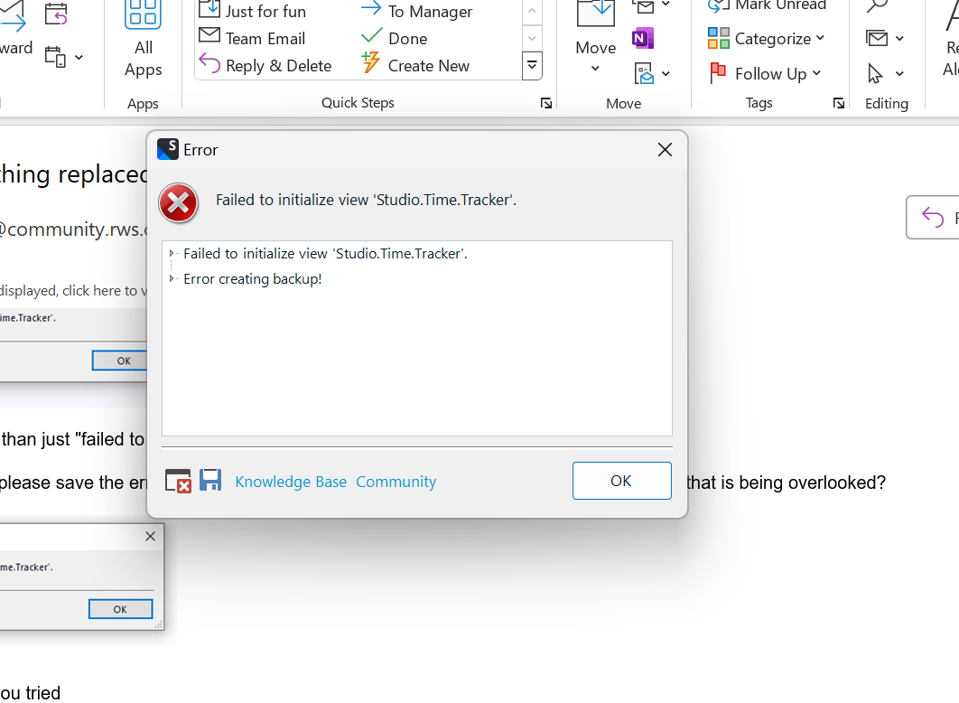 Screenshot of an error dialog box with a red 'X' icon, titled 'Error'. The message reads 'Failed to initialize view 'Studio.TimeTracker'.' and 'Error creating backup!'. An 'OK' button is available to dismiss the dialog.