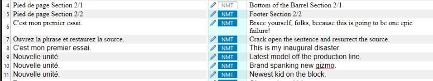 Screenshot of Trados Studio showing inconsistent translations. Segments 4 and 5 have identical source text but different target translations. Segment 7 repeats the issue.