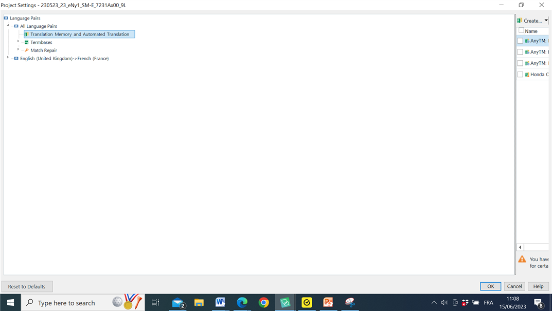 Trados Studio Project Settings window showing Language Pairs with English (United Kingdom) to French (France) selected. No visible errors or warnings.