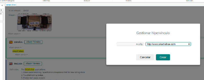 Screenshot of a hyperlink management dialog box with the URL field filled in with 'http:www.smart-shoe.com'.