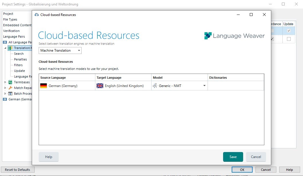 Trados Studio Cloud-based Resources settings window showing Language Weaver selected as the machine translation engine with source language German (Germany) and target language English (United Kingdom).