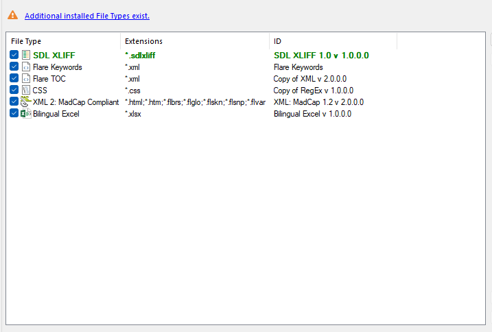 Screenshot of a Trados Studio template file types configuration with a limited list including SDL XLIFF, Flare Keywords, Flare TOC, CSS, XML 2: MadCap Compliant, and Bilingual Excel. A message indicates additional installed file types exist.