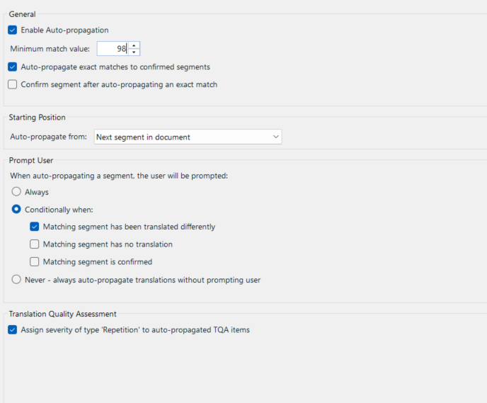 Trados Studio Auto-propagation settings window showing options enabled for auto-propagation with a minimum match value set to 98%.