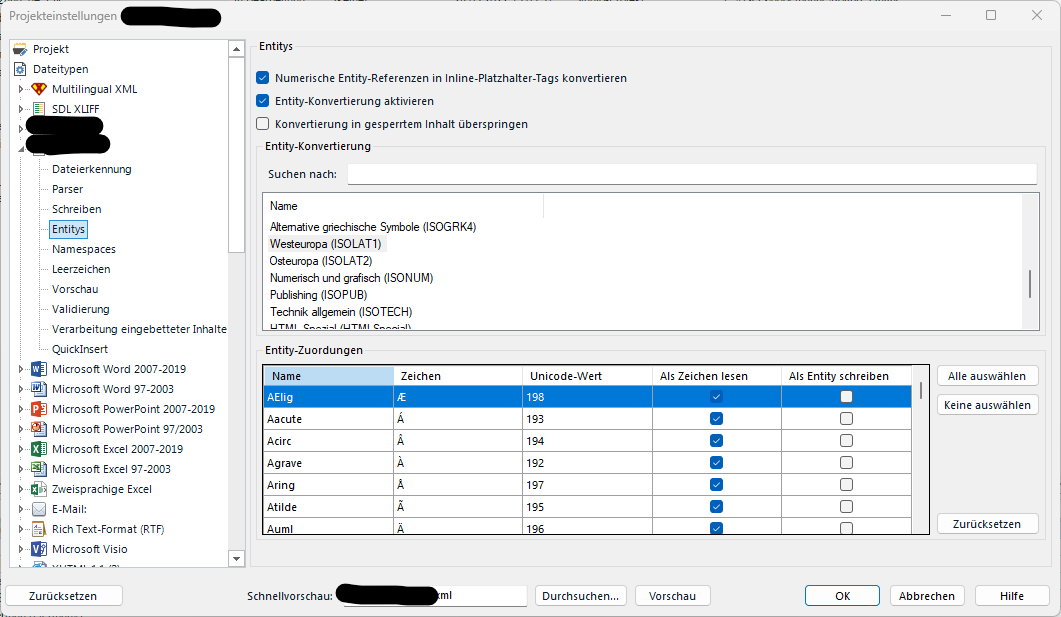 Trados Studio project settings window showing Entity conversion options with a list of entity names, characters, and Unicode values.