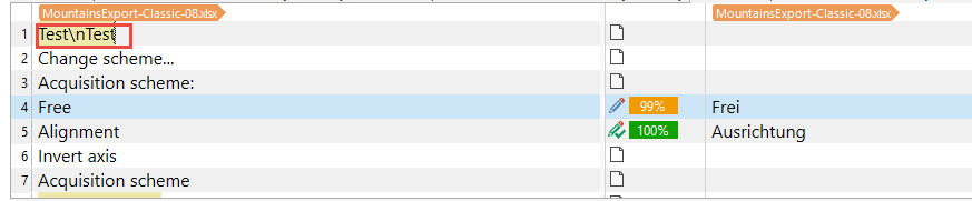 Translation editor showing a segment with the text 'TestnTest' in the source column and corresponding translations in the target column.