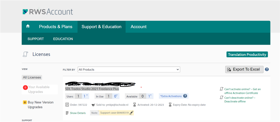 RWS Account page showing Trados Studio 2021 Freelance Plus license with 1 user, 1 activation in use, and 1 available. Note indicates a support case number.