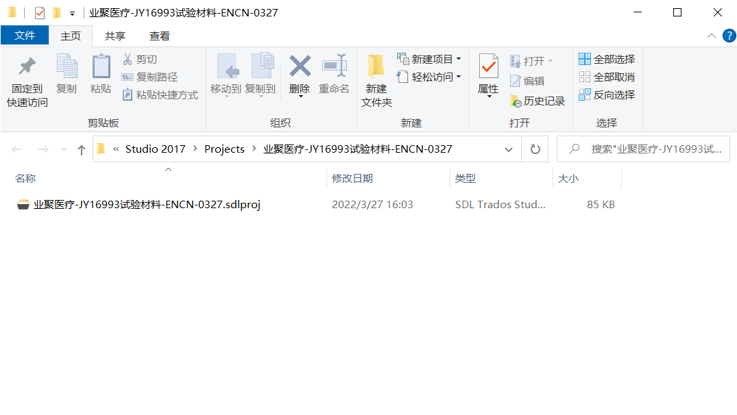 Screenshot of a Trados Studio project folder with only one file visible, named 'ProjectName-ProjectCode.sdlproj', indicating missing source and target language folders.