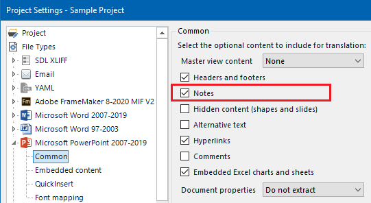 Notes option checked in PowerPoint Project Settings