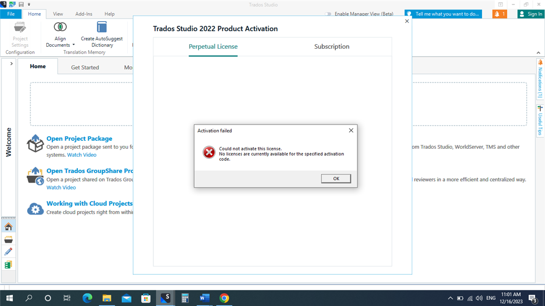 Trados Studio 2022 Product Activation window showing an error message 'Activation failed. Could not activate this license. No licenses are currently available for the specified activation code.' with an OK button.
