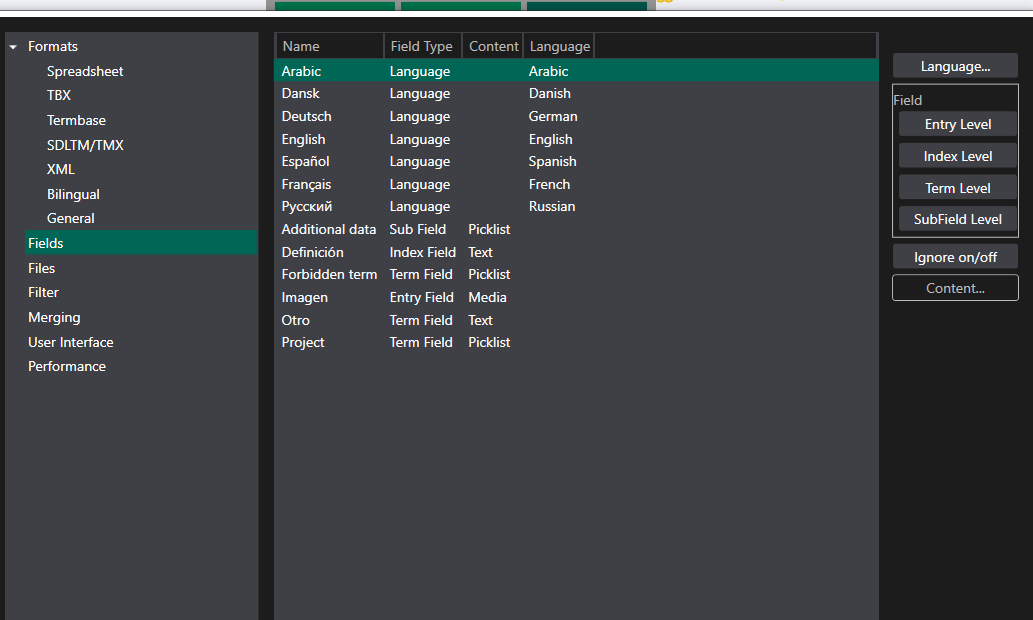 Screenshot of MultiTerm software showing a list of term fields with names in various languages, including Arabic, Danish, German, English, Spanish, French, and Russian.