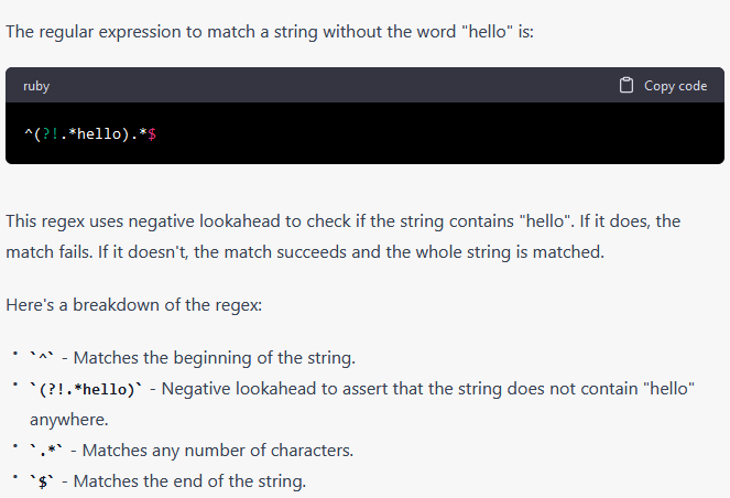 Screenshot of a regex expression in a text editor with a breakdown explanation. The expression is designed to match a string that does not contain the word 'hello'.