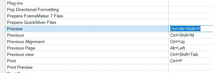 Screenshot showing a list of commands in Trados Studio, with 'Preview' highlighted and assigned the shortcut Ctrl+Alt+Shift+P.
