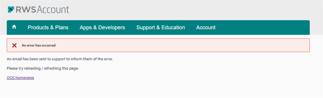 RWS Account webpage with an error message box stating 'An error has occurred' and instructions to retry loading the page or to visit the QOS homepage.
