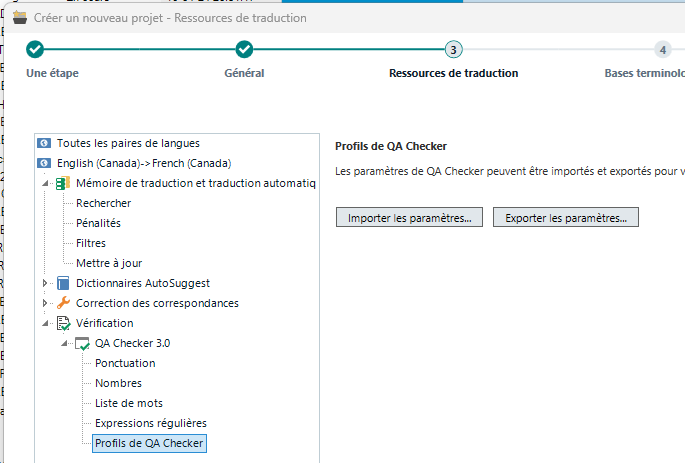 Screenshot of Trados Studio showing the 'Create a new project - Translation resources' tab with a focus on 'QA Checker Profiles' section, indicating options to import and export QA checker settings.