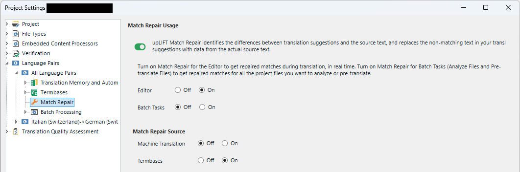 Screenshot of Trados Studio Project Settings showing Match Repair options under Language Pairs. Match Repair Usage is enabled for Editor and Batch Tasks.