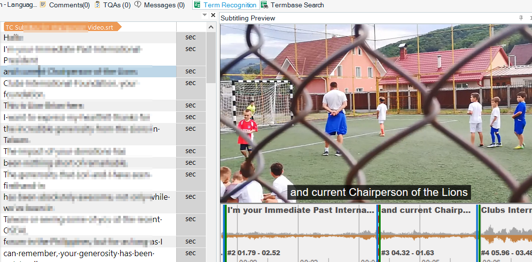 Screenshot of Trados Studio showing a video being subtitled. The left side displays a blurred list of subtitle text, while the right side shows a Subtitling Preview with a video of children playing soccer and subtitle text overlay.