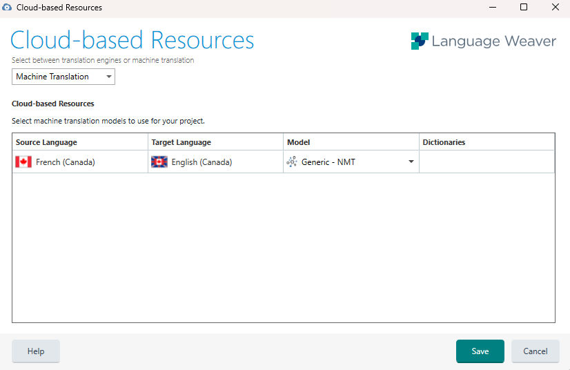 Trados Studio Cloud-based Resources settings showing French (Canada) to English (Canada) language pair with Generic - NMT model selected and no dictionaries added.