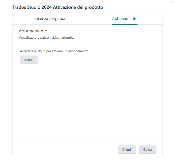 Trados Studio 2024 Product Activation window with tabs for Perpetual License and Subscription. The Subscription tab is selected, displaying a message to view and manage the subscription and a button to access the cloud to activate a subscription.