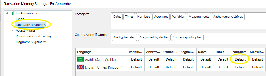 Translation Memory Settings window for 'En-Ar numbers' with 'Language Resources' selected and 'Numbers' tab highlighted in default settings.