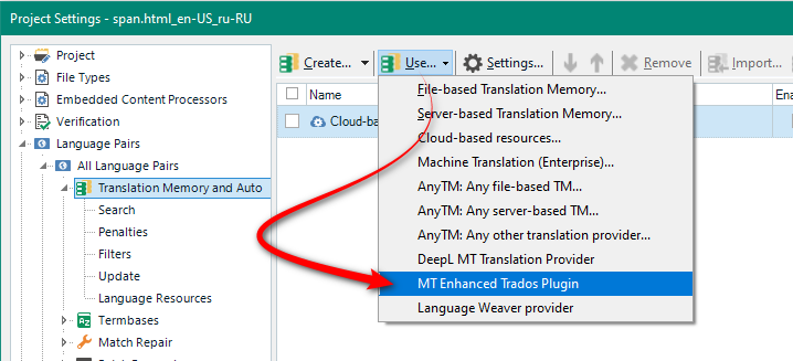 Trados Studio Project Settings window showing Translation Memory and Automated Translation with MT Enhanced Trados Plugin selected.