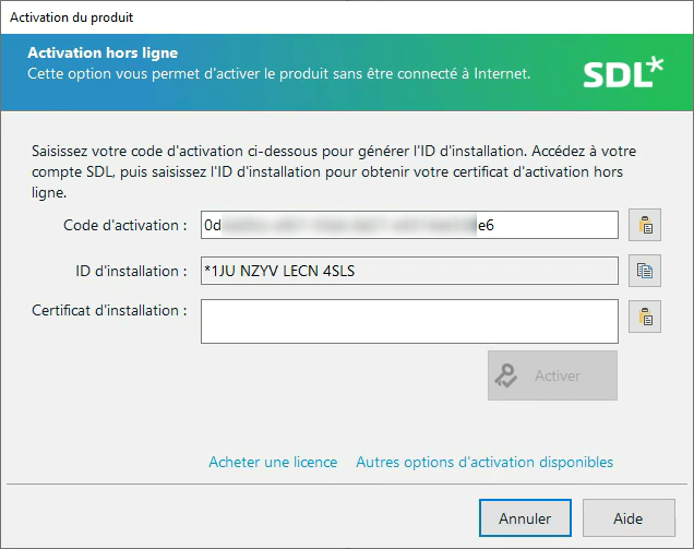 Trados Studio offline activation screen with fields for activation code, installation ID, and installation certificate. The installation ID '1JUJ NZYV LECN 4SLS' is filled in, and there are options to buy a license, other activation options, cancel, and help.
