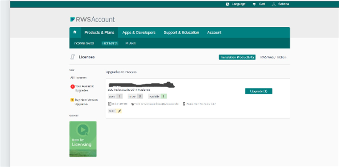 RWS account webpage showing the Licenses tab with an available upgrade for SDL Trados Studio 2017 Freelance.