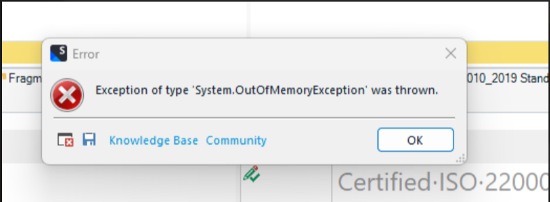 Screenshot of an error dialog box with the title 'S Error' and the message 'Exception of type 'System.OutOfMemoryException' was thrown.' with OK button.