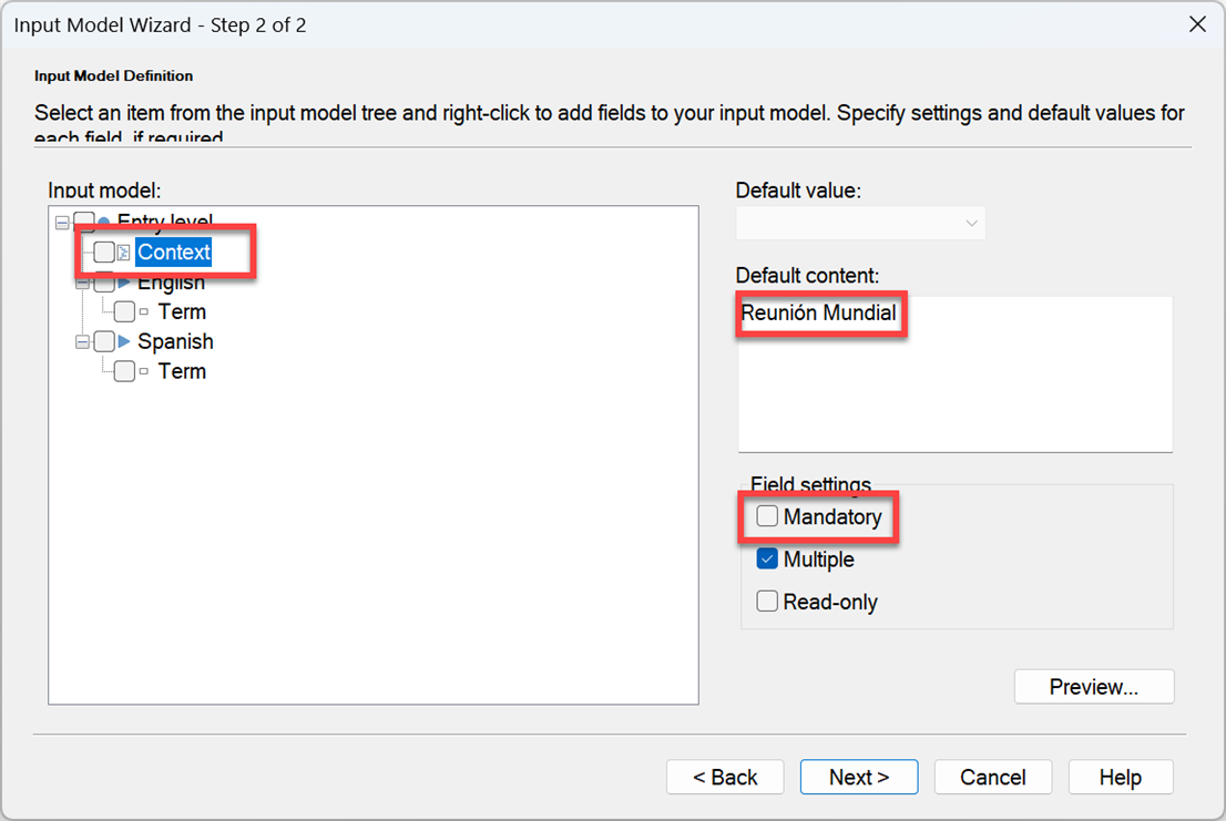 Input Model Wizard showing 'Context' field with default content 'Reunion Mundial' and 'Mandatory' checkbox selected.