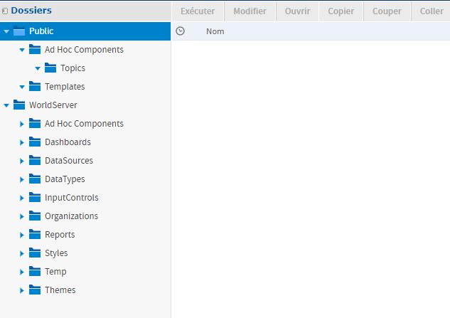 Screenshot of Trados Studio's Public repository missing the 'Audit' and 'Monitoring' folders, showing only folders like Ad Hoc Components, Templates, and WorldServer.