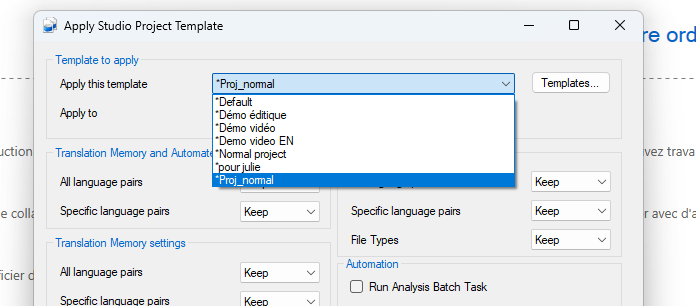 Apply Studio Project Template window showing a dropdown list with template options such as Default, Demo video, and Proj_normal.