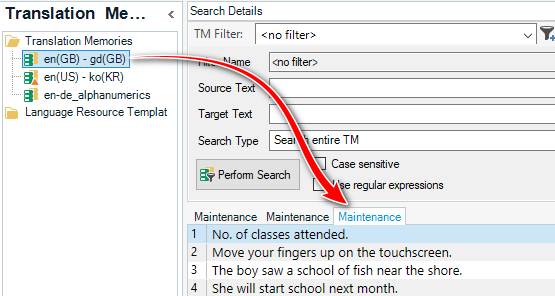 Screenshot of Trados Studio Translation Memories search panel with a red arrow pointing to a checkbox labeled 'Use regular expressions'.