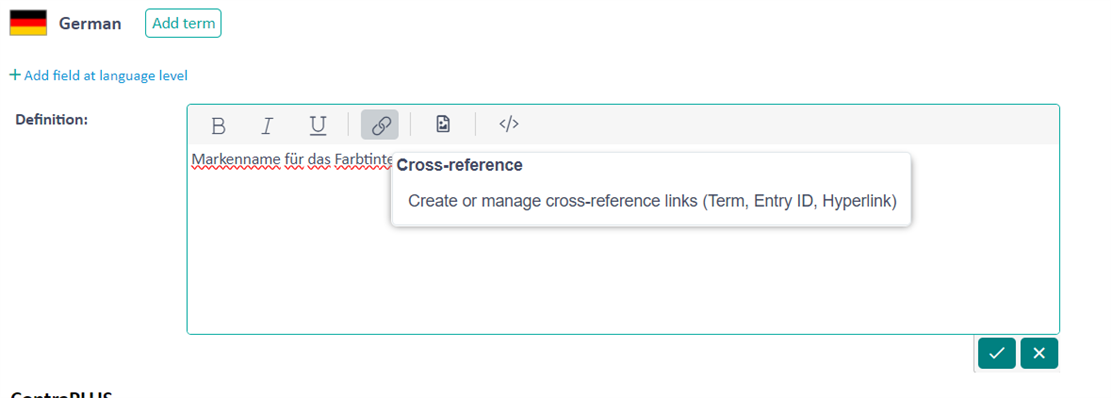 Trados Studio screenshot showing the 'Add term' interface with a tooltip for 'Cross-reference' in German language.