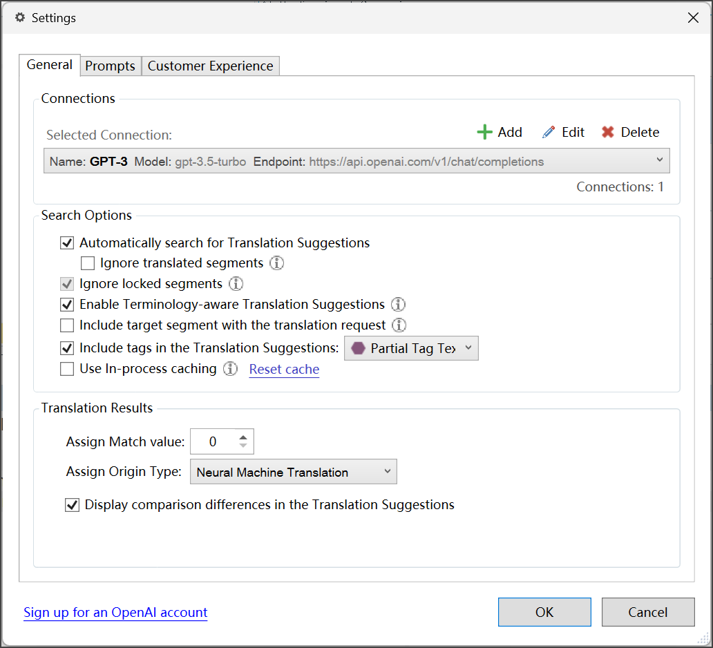 Settings window of AI Professional plugin in Trados Studio showing options for search, translation suggestions, and results with GPT-3 connection details.