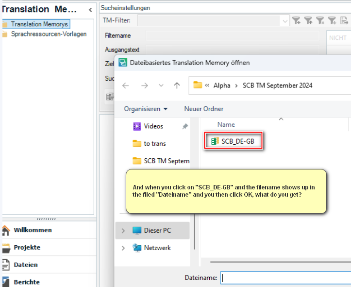 Trados Studio screenshot showing Translation Memories section with a folder dialog open. A folder named 'SCB TM September' is visible with a subfolder 'SCB_DE-GB' highlighted. A message asks what happens when 'SCB_DE-GB' is clicked and OK is pressed.