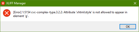 Screenshot showing an error message on validating an XLIFF file.